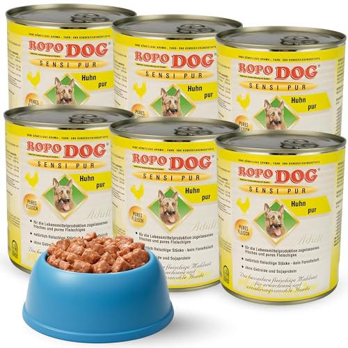ROPODOG Hundefutter Nassfutter 6×800 g für Erwachsene Hunde Aller Rassen Premium Qualität getreidefrei, proteinreich, gut verträglich – Vollnahrung im Vorratspack (Sensi Pur Huhn)