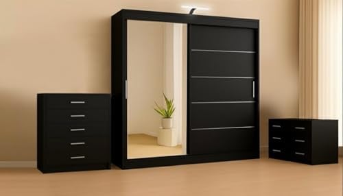 RAC3 Modern Bedroom Furniture Storage Set: Modular Wardrobe with LED, Chest of Drawers & Bedside Tables – Flexible Storage Solutions & Multiple Sizes (Wardrobe, Chest of Drawers, 2 Bedsides, 180 cm)