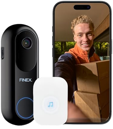 FINEX Video Türklingel, inkl. Innenklingel & Batterien, Tag- & Nachtmodus, Ohne Abonnement, Kabellose Türklingel, T-Ring-Klingelton, Video-Türklingel mit Kamera (V2)