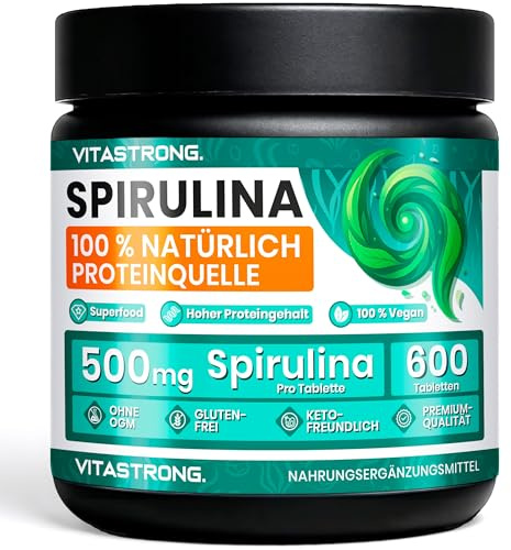 Spirulina Compresse Vitastrong, 3000mg per Dose, 600 Alga Spirulina Compresse 100% Vegan ad Alto Contenuto Proteico, Integratore Alimentare a Lunga Fornitura Senza Glutine né OGM, Qualità Premium