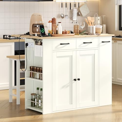 YuQozii Isla de cocina extensible con estantes ajustables y cajones, isla de cocina con regletas y dos sillas, ideal para cocina y comedor (blanco)