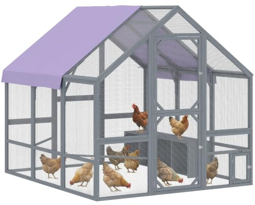 PawHut Hühnerstall 4㎡ für 8-10 Hühner ca.2,11 x 1,87 x 1,86 m Dunkelgrau | Freilaufgehege, Holz, Wetterfestes Tuch, Sicherheitsschloss 2 Nistkasten 2 Sitzstange, Katzengehege Hühnergehege, Hof Garten