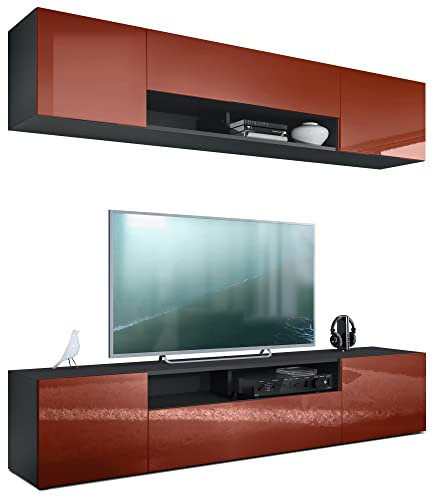 Vladon Wohnwand Mogan, Schwarz matt/Bordeaux Hochglanz - Moderne Anbauwand bestehend aus 2 TV-Boards (181 x 147 x 35 cm)