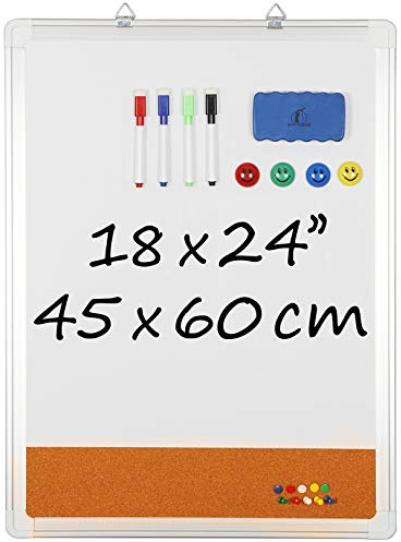 White Board Cork Board Combo - 18x24 in Dry Erase Board with Cork and 1 Magnetic Eraser, 4 Dry Wipe Markers, 4 Magnets and 10 Pins - Wall Hanging Whiteboard with Corkboard for Home and Office