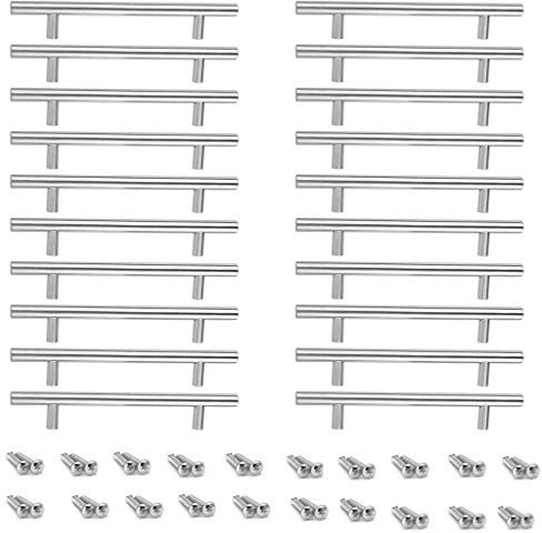 Pack 20 Stainless Steel T bar Handle Kitchen Handles Cup Board Cabinet Drawer Pulls Furniture Wardrobe Brushed Nickel Door Knobs with 40 Screws (200mm Long / 130mm Hole Centres) Reusable