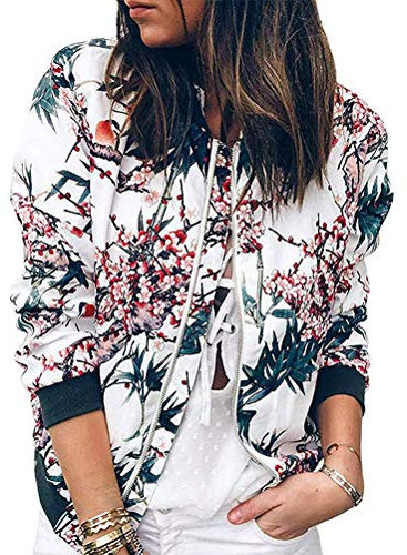 Minetom Blouson Bomber Femme Mode Manteau Mince Biker Moto Zipper Court Fleur Imprimer Veste Chic Printemps Été Blouson Court A Rose M