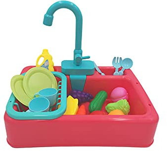 NIWWIN Juego de Juguetes para Fregadero de Cocina para niños, Regalos educativos, Juguete de simulación para niños, niñas, lavavajillas de simulación, Agua Corriente, Grifo y desagüe (Rosa)