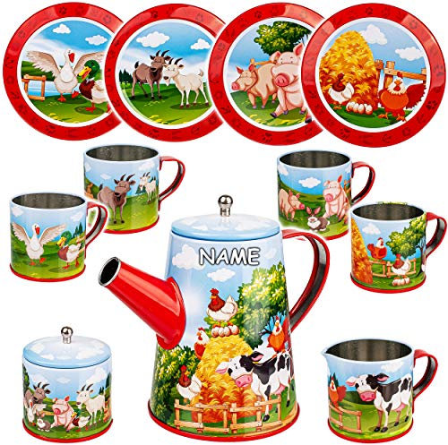 alles-meine.de GmbH 13 TLG. Set Puppengeschirr/Teeservice & Kaffeeservice - Bauernhof Tiere - inkl. Name - Geschirr aus Blech - Metall - Blechgeschirr - Kinderküche - Picknic..