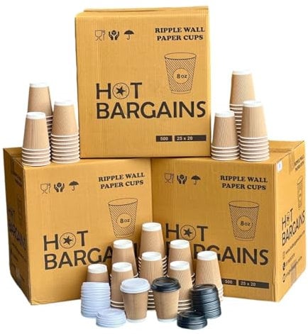 HOT BARGAINS, 200 X 8oz Coffee Cups with Lids 230ml Kraft Triple Walled Disposable Paper Ripple Cups + LIDS Free