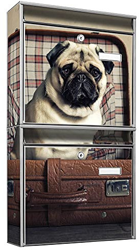 banjado Briefkastenanlage 2 Fach - 2 Briefkästen 36x64x10cm groß - Doppelbriefkasten Set - Namensschild, 2 Schlüssel, Montagematerial - Stahl verzinkt Silber - Motiv Mops im Koffer