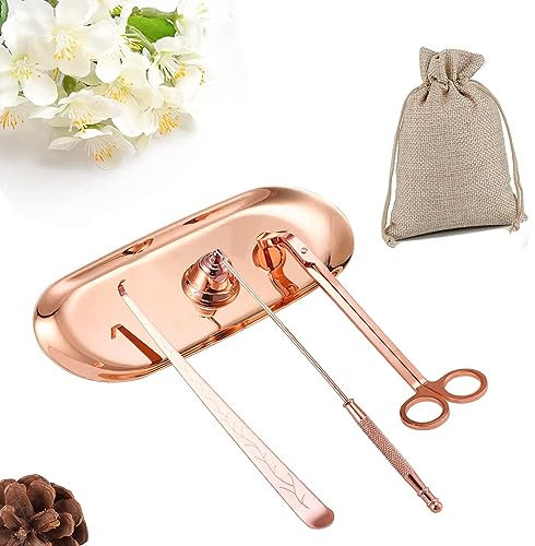 QeeHeng Kerzenlöscher-Dochtschneider mit Tablett, 4-in-1 Kerzenflammenstopper, Kerzenzubehör, Kerzenlöscher-Werkzeug, Kerzenlöscher-Set, Kerzenflammenstopper, Edelstahl (Roségold)…