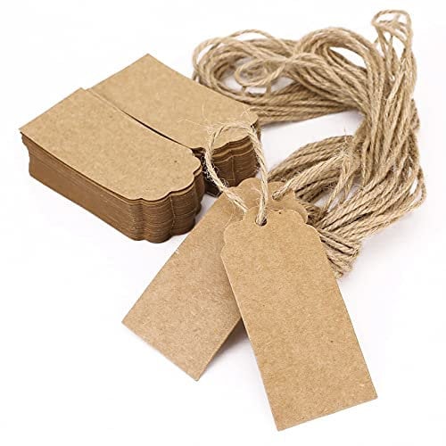 100 Stk Geschenkanhänger Kraftpapier,Geschenk Etiketten,Hochzeit Zettel Vintage Papier Tags,Rechteckige Geschenkanhänger mit Jute Schnur 9 * 4.5CM Braun