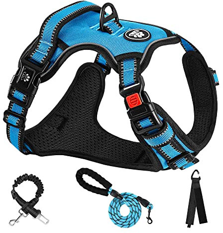 NESTROAD Hundegeschirr Große Hunde Leine Geschirrset Blau, Größe L für Hunde Grosse mit Halsumfang 38~48CM Brustumfang 48~74CM, enthalten Brustgeschirre Hundeleine und Sicherheitsgurt Auto