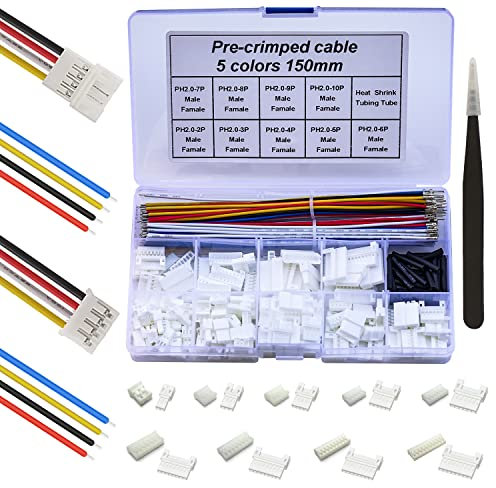 Keszoox PH 2.0mm Male & Female JST Connector Kit with 22AWG Pre-Crimped Cables Wire,(Total 166Pcs) 2/3/4/5/6/7/8/9/10 Pin Housing JST Adapter Cable Connector（5 Colors 150mm）