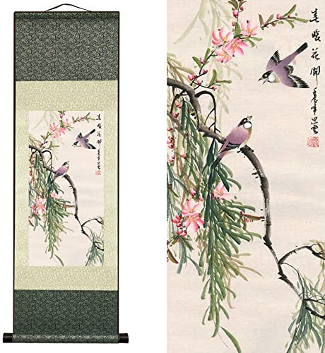 Seide Scroll Malerei Asiatisch Wand Dekoration Vögel und Blumen - Elster - Frühling Blüten Schön Chinesische Kunstwandrolle Hängende Bildrolle Orientalisches Dekor (92 x 30 cm)