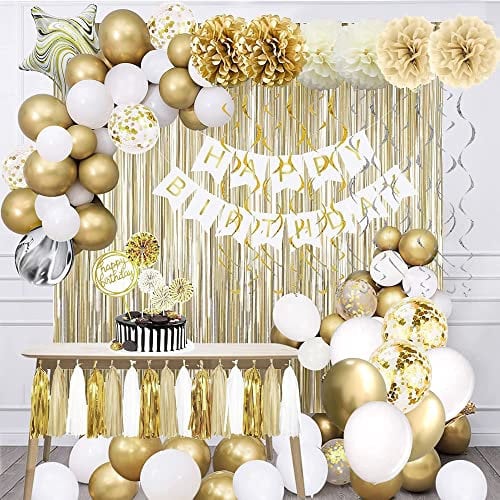 NiCoLa Gold and White Birthday Party Decorations Set, Happy Birthday Banner, Tissue Paper Poms, Latex Balloons, Glitter Garlands, Hanging Swirls