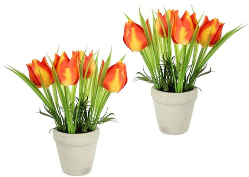 Künstliche Tulpen 2er Set im Keramiktopf Gesteck Arrangement Kunstblumen Künstliche Deko Blumen Blätter Unechte Frühjahrsdekoration Osterdeko Tischdeko Pflanze Frühjahr Ostern Floristik Textil