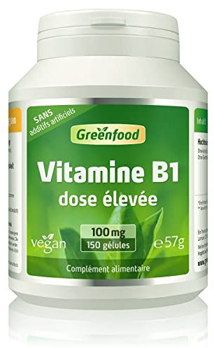 Greenfood Vitamine B1, 100 mg, dose élevée, 150 gélules - pour un métabolisme énergétique normal-Sans additifs artificiels. Sans génie génétique. Vegan.