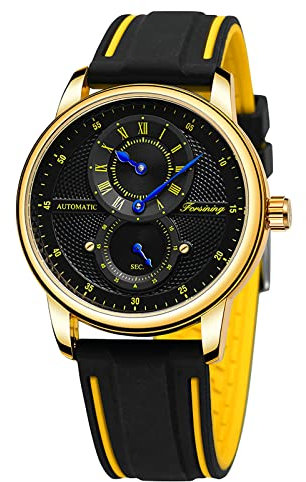 FORSINING Herren-Armbanduhr, automatisch, mechanisch, selbstaufziehend, Sport-Chronograph, Silikon-Armbanduhr für Herren, Mode, Business, wasserdicht, Yellow Black, Riemen