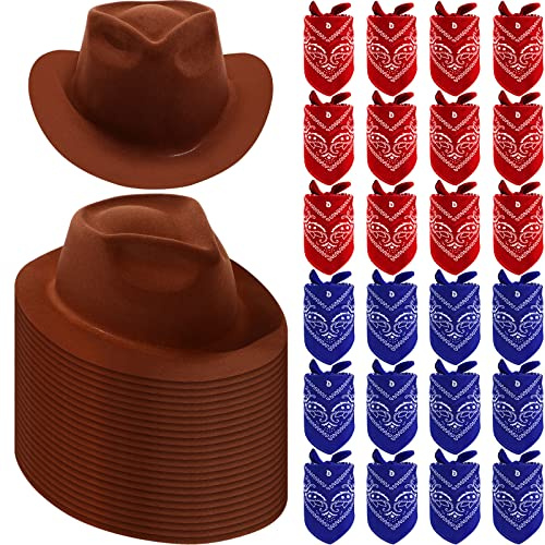 48 Pack Cowboy Hat and Bandana Set - Felt Party Hats with Western Bandanas for Boys and Girls (Brown, Red, Navy Blue)
