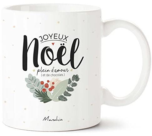 Manahia Mug de Noël - Joyeux Noël plein d'Amour et de Chocolats - Imprimé en France - 330 mL en Céramique - Cadeau de Noël, Tasse Noel, Décoration de Noël