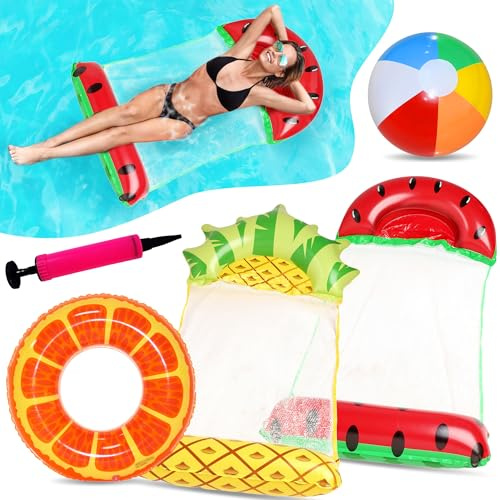Chennyfun Water Hammock, 2 Pack Inflatable Pool Lounger | Beach Ball and Orange Swimming Ring and Air Pump, Fruit and Pineapple, Floating Chair Beds