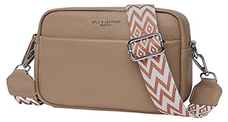 Efilra Small Crossbody Bag for Women, Genuine Leather Camera Bag Purse Crossbody, Women's Crossbody Handbag with Guitar Strap, A-khaki, Camera Crossbody Bag