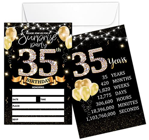 Einladungskarte zum 35. Geburtstag – Schwarz Gold Einladungen mit Geburtstagsschild Druck auf der Rückseite doppelseitige Einladungen zum Ausfüllen – 20 Karten mit Umschlägen für Gastgeschenke –