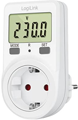 LogiLink EM0002B Messgerät mit großem LCD-Display, Anzeige: Leistung in Watt, Netzspannung, Energieverbrauch, Energiekosten und Überlastungs-Warnung, Weiß