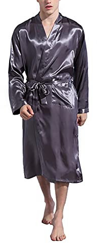 Men's Lightweight Thin Satin Dressing Gown Summer Lightweight Sauna Gown Long Sleeve Long Robe with Belt House Coat Summer Sleepwear Silk Pyjamas Kimono Sleepwear Gifts for Men, gray, XL