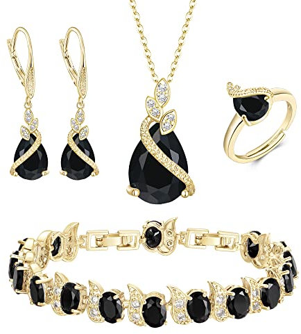 Clearine Teardrop Zirkonia Schmuck-Set für Outfit Halskette, Leverback Ohrringe Tennis Armband und einstellbare Ring Set Geschenk für Geburtstag/Valentinstag/Weihnachten Schwarz Gold-Ton