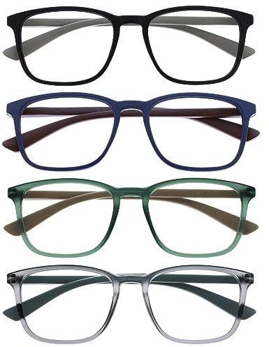 OPULIZE Max - Lunettes de Lecture - 4 Paires - Monture Large et Rectangulaire, Forme Classique - Noir, Bleu, Gris, Vert Mat - Hommes Femmes -RRRR78-1367 - +2,50