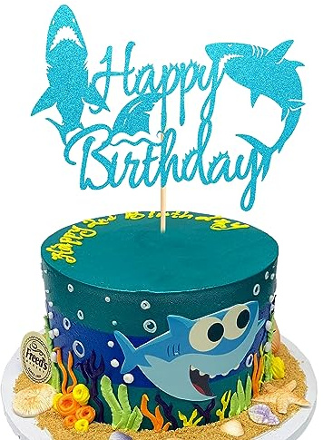 Arthsdite 1 x Hai-Kuchenaufsatz Happy Birthday für Jungen, niedliche Haifisch-Kuchendekoration, Ozean, Meer, Tier, Hai, Thema, Babyparty, Partyzubehör, Dekoration
