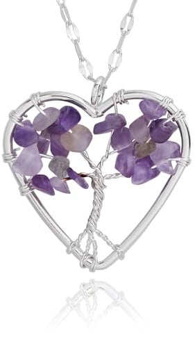 Equilibrium Tree of Life Silver Plated Necklace - Heart Amethyst, Circle Aventurin, Heart Rose Quartz or Circle Natural Quartz (Heart Amethyst)