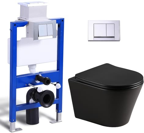 Hänge WC Spülrandlos Mattschwarz mit Unterputz Spülkasten, Toilette und Vorwandelement WC Set Komplett, WC Drückerplatte, Wand WC mit Soft-Close Absenkautomatik Deckel, Kloschüssel für Gäste wc