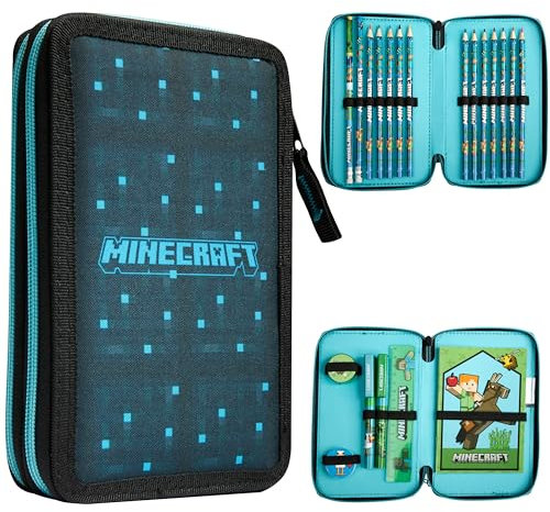 Minecraft Federmäppchen Jungen und Mädchen Mäppchen Gefüllt Creeper Federmappe mit Schreibwaren Gamer Geschenke für Kinder und Teenager (Blau/Schwarz)