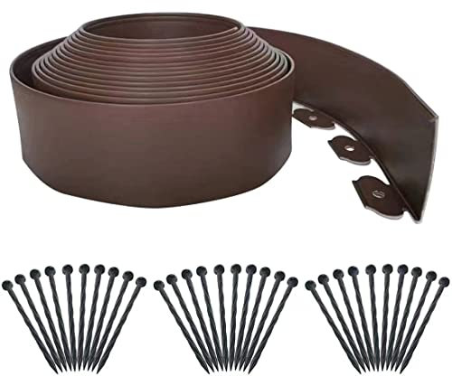 Flexible Garteneinfassung, 18 m, Landschaftseinfassung, Braun [extra hoch 10,2 cm hoch] mit 100 Stäben, Gartenumrandung, Rasenkante, Mini-Kunststoffzaun, Braun