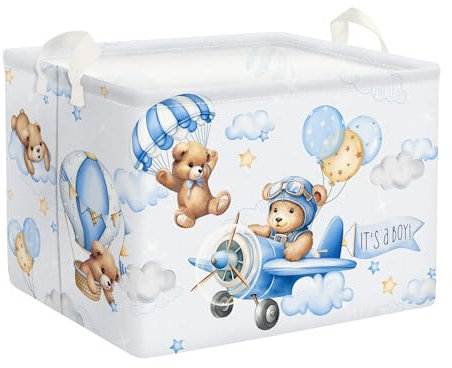 Clastyle 36L Groß Blau Bär Piloten Kinder Aufbewahrungskorb mit Henkel Luftballons Rechteckig Spielzeug Kleidung Aufbewahrungsbox für Kinderzimmer Bad