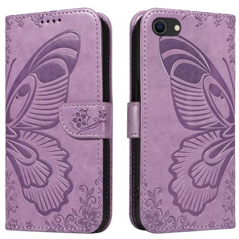Wuhaizher iPhone SE 2022 & 2020 Case iPhone 8 / iPhone 7 Case Butterfly Shockproof Leather Flip Folio Wallet Phone Case for Girly Women with Stand Card Holder Slots Silicone Bumper Cover, Purple