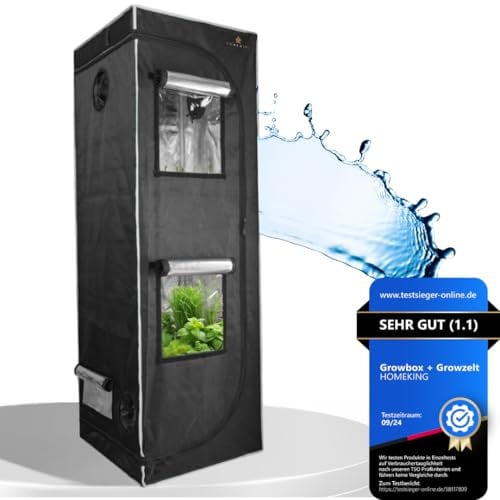 HOMEKING Growzelt 60x60x180 | Professionelle Zuchtzelte für Hydrokulturen | Wasserdicht, Lichtdicht 1680D & Hohe Erträge | Perfekt für Indoor Gewächshaus Hydroponic System | Farbe: Grau/Schwarz