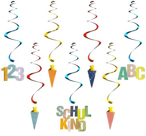 Oblique Unique® 7X Deckenhänger Wirbel Spiral Girlande mit Schulkind 123 ABC Zuckertüten Anhänger für Schuleinführung Einschulung Hängedeko