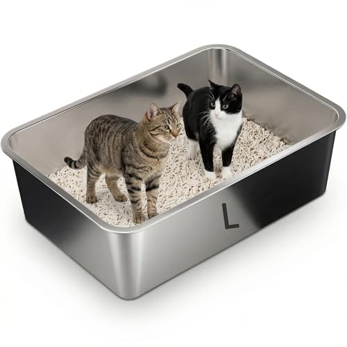 Suhaco Stainless Steel Cat Litter Tray High Sided Litter Box Kitten Litter Trays for Rabbits & Small Cats Litter Boxes (L/50 * 35 * 15cm)