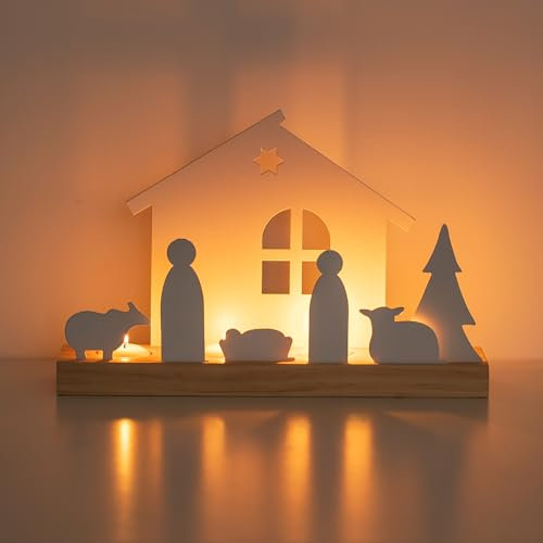 Weihnachtskrippen-Set Kerzenhalter – Romadedi Weihnachtskrippe für den Innenbereich, klein, mit Holzsockel, weiß, Krippen-Set für Tisch, Kamin, Kaminsims, ideal für Weihnachtsdekoration