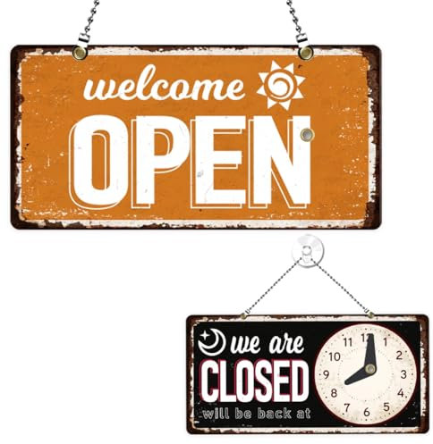 PLIGREAT Vintage Sun Moon Style Open Closed Sign We Are Open Signs Double Sided Business Hours Wood Sign Plaque per negozio al dettaglio Bar panetteria Vetrina Cartello da parete con catena