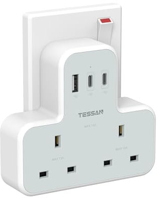 Plug Extension Socket with 3 USB, TESSAN Double Plug Adaptor UK, 2 Way Adapter with USB C Charger, MultiPlug Adaptor Compatible for Room, Office and Kitchen Supplies