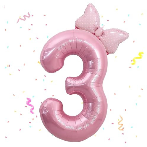 Zahlen Luftballon 3. Geburtstag, 40 Zoll Schleife Folienballon Zahl 3, Zahlenballon 3 Helium Ballon Rosa,Luftballon 3 Geburtstag Deko für 3 Jahre Mädchen Geburtstagsdeko,Babyparty,Jubiläum Party Deko