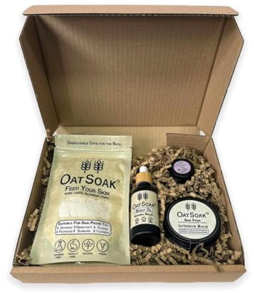 OatSoak Skin Care Collection. Gift Set for Sensitive Skin. Containing 100g OatSoak Colloidal Oatmeal, Intensive Balm, Scalp Oil and Lip Balm with Gwenyn Gruffydd Honey.