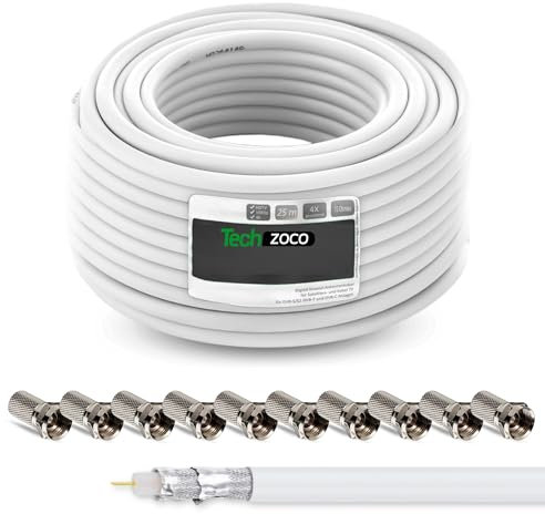 TECHZOCO Cable Coaxial SAT, Cable Antena TV 90 dB, Cable televisión Doble apantallamiento, Compatible con DVB-S/S2, DVB-T/T2, DVB-C/C2, 4K 1080p, Incluye 10 conectores F, Blanco, 25 Metros