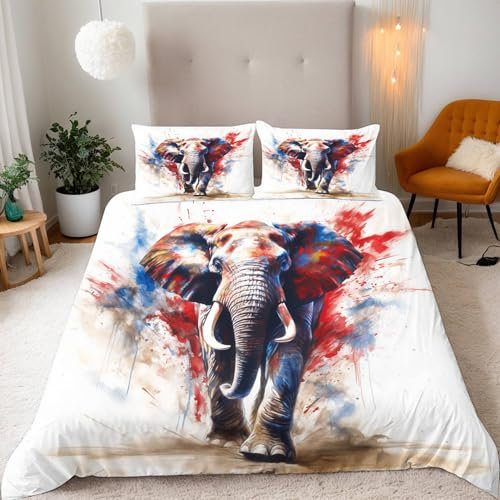 Bettwäsche 200x220 cm 3D Aquarell-Stil Tier Elefant Druck Kinder Bettwäsche-Sets 3teilig Mikrofaser Bedding Bettbezug 200x220 Weich Bettbezüge + 2 Kissenbezüge 80x80 Mit Reißverschluss Eckbinder