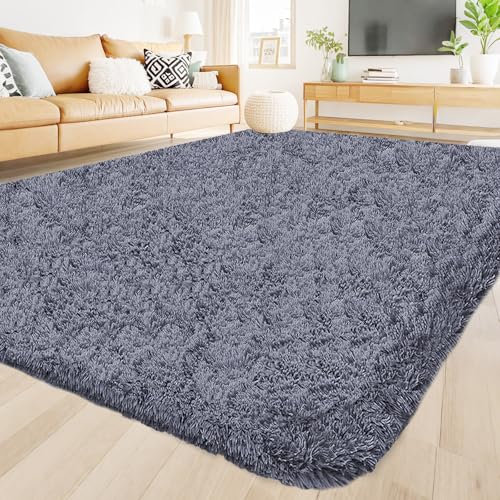 Hochflor Teppich Wohnzimmer 140x200cm, Grau Fuzzy Shaggy Flauschiger Teppich für Schlafzimmer Teppichen, Modern Plüsch Wohnzimmerteppich Bettvorleger High-Pile Carpet rutschfest für Kinderzimmer